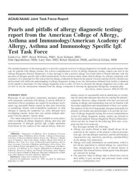 Pdf Pearls And Pitfalls Of Allergy Diagnostic Testing Report From