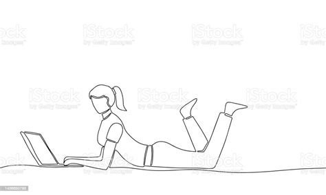 Hand Draw Line Art Outline Woman Lying Down And Working With Laptop