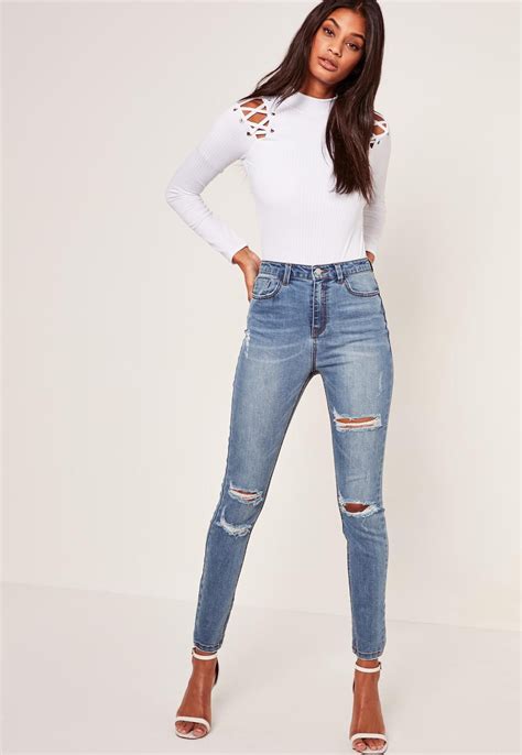 Missguided Blue Sinner High Waisted Authentic Ripped Skinny Jeans