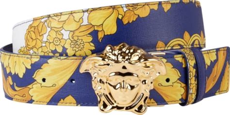 Versace Blue And Gold Hibiscus Baroque Medusa Head Belt Inc Style