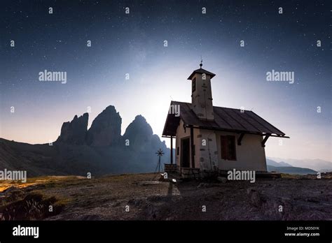 Tre Cime Di Lavaredo With Chapel At Night Tre Cime Natural Park