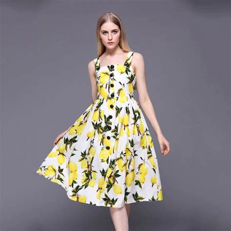 2018 Spring Summer Runway Brand Lemon Patterns Print Women Casual Cotton Dress Spaghetti Strap