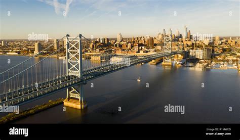 Blue Sky Over The Benjamin Franklin Bridge Into Downtown Philadelphia