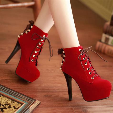 Red Suede High Heels Lace Up Ankle Boots On Luulla