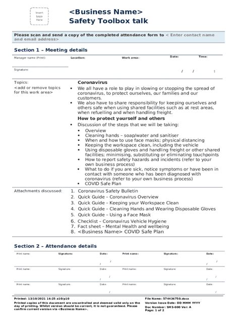 Safety Toolbox Talk Template Reporting Safety Hazards Doc