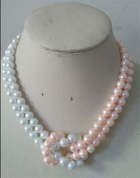 Woman Classic Jewelry 8mm 10mm White Pink Round Bead 2 Rows Necklace