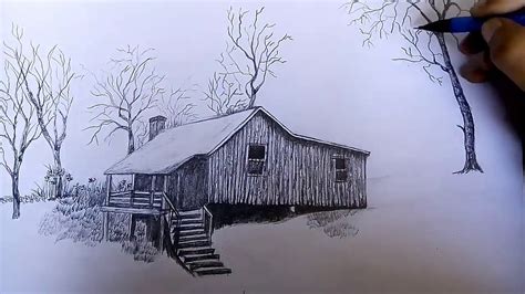 How To Draw A Easy Wooden House In Forest Scenery With Pencil Youtube