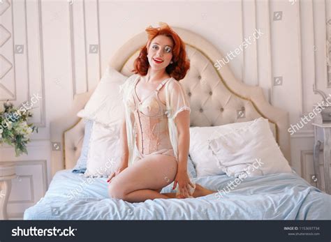 Luxurious Pin Lady Dressed Beige Vintage Stock Photo