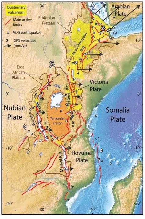 The larger rift runs from northern syria, to central mozambique in south east africa. The East African Rift system, with major fault systems, seismicity (M>... | Download Scientific ...