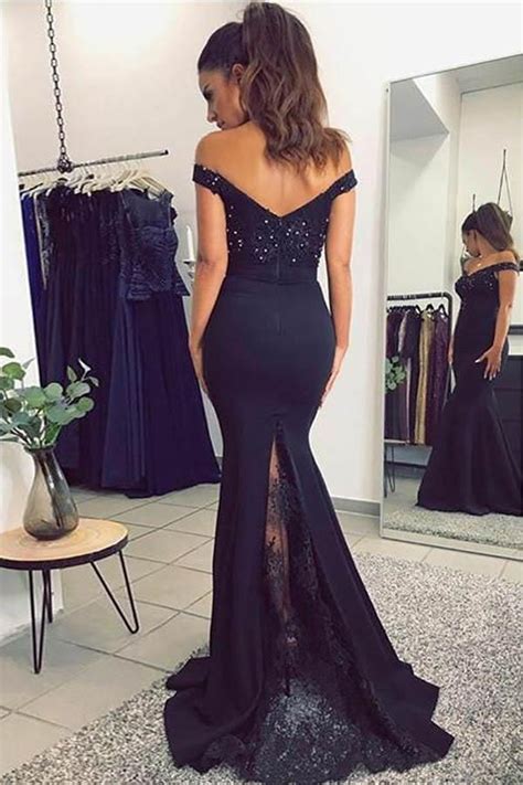 Mermaid Off The Shoulder Navy Blue Prom Dress With Sequins Pgmdress