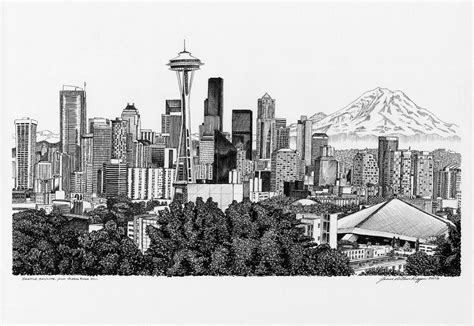 Seattle Skyline Drawing Seattle Skyline Art Seattle Skyline Drawing