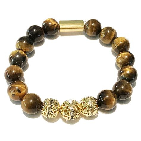 Genuine Tiger Eye Stone Bead Stretchy Elastic Bracelet With Gold Tone
