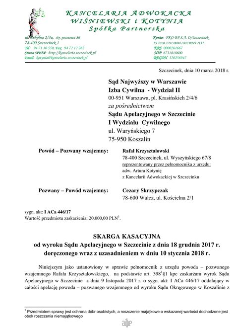„Skarga kasacyjna” sporządzona przez adwokata Artura Kotynię