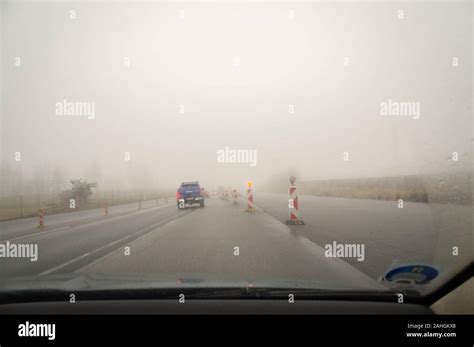 Thick Heavy Dense Fog Winter European Route E55 D3 Motorway South Bohemian Region Czech