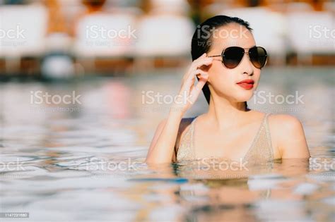 Portrait Beautiful Young Asian Woman Smile Happy Relax Around Swimming