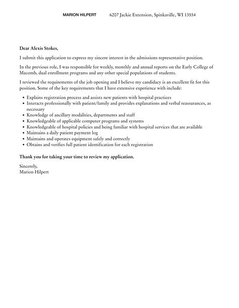 Admissions Representative Cover Letter Velvet Jobs