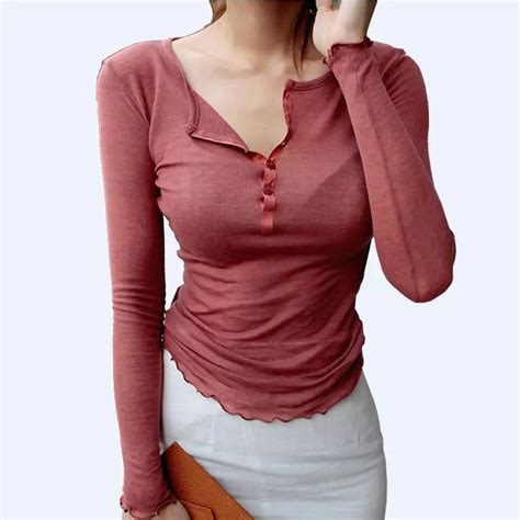 single breasted sexy long sleeve shirt women semi open collar thin knit shirts solid fashion