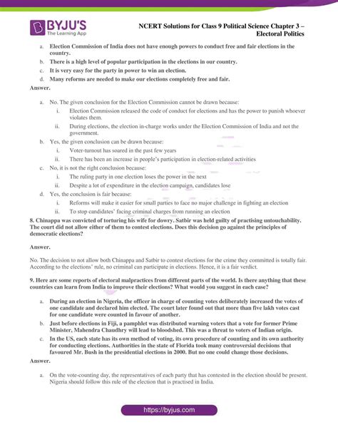 Ncert Solutions For Class 9 Civics Social Science Chapter 3 Electoral