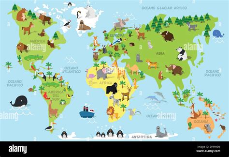 Mapa Divertido Del Mundo De Dibujos Animados En Español Con Animales
