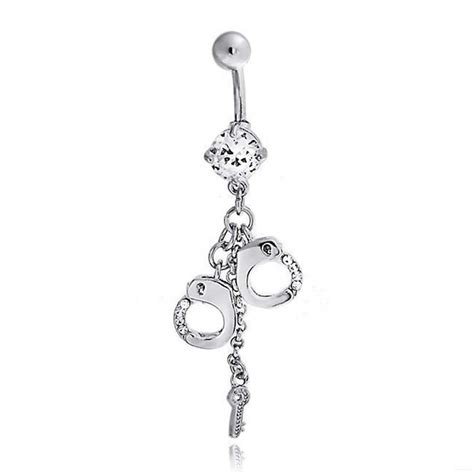 Handcuffs Key Cz Crystal Dangle Navel Belly Ring Surgical Steel Belly