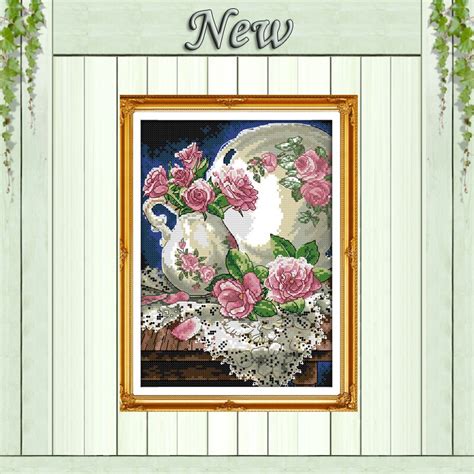 Vase And Rose Flowers Decor Painting Counted Printed On Canvas Dmc 14ct