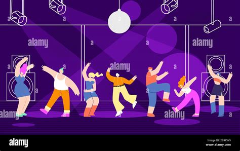 Clubbing Dancing Cartoon Disco People On Bright Stage In Nightclub