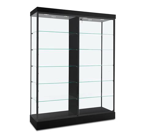 60 Glass Display Case W Top And Side Lights Wheels Locking Sliding Door Black Glass Display