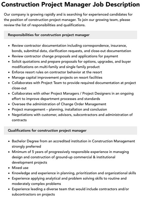 Construction Project Manager Job Description Velvet Jobs