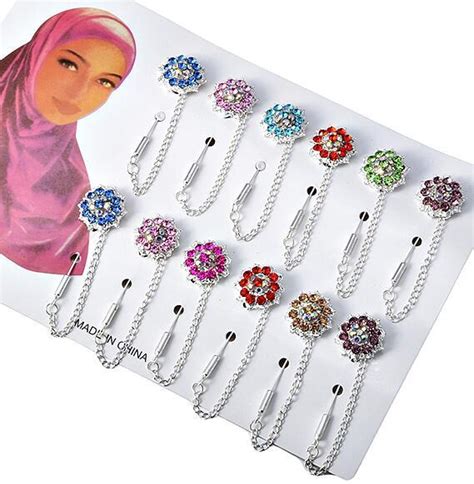 hijab pins brooches wholesale 12pcs flower crystal muslim for women safety scarf pins hijab pins