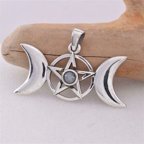 Triple Goddess Pentagram Pendant Sterling Silver With Moonstone Wiccan