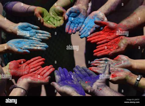 Color Powder On Hands During Holi Festival Near Pune Maharashtra Stock