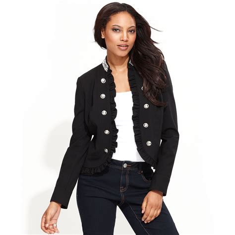 lyst inc international concepts beaded ruffle military jacket in black