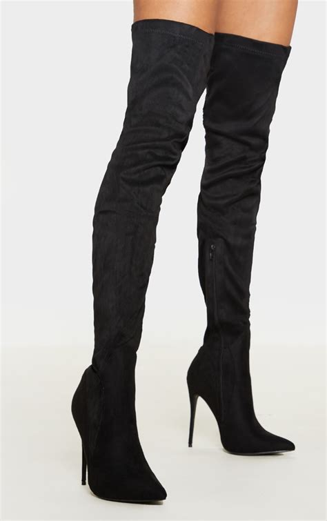 emmi black faux suede thigh high heeled boots prettylittlething