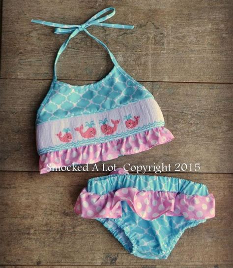 Smocked Girls Whale Swimsuit Aqua Quatrefoilpink Polka Dot Bikini 2