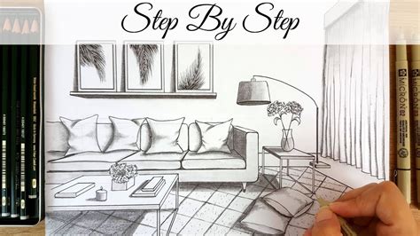 How To Draw A Modern Living Room In One Point Perspective Step By