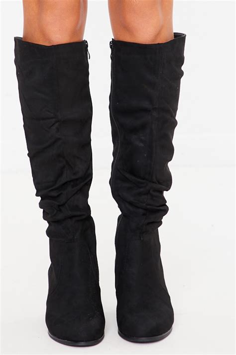 Black Faux Suede Ruched Knee High Boots In The Style