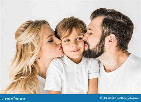 Parents Kissing Son Stock Image Image Of Adorable Child 105246459