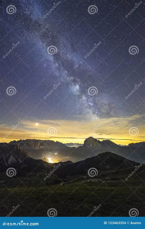 Amazing Milky Way Over The Mountain Of Dolomites Italy Stock Photo