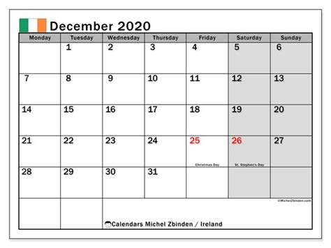 Printable December 2020 “ireland” Calendar Michel Zbinden En