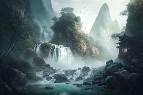 Enchanted Chinese Landscape Majestic Mountains Cascading Waterfalls