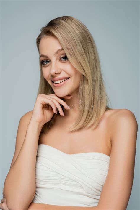 Happy Blonde Woman With Bare Shoulders Stock Photo Image Of Attractive Beautiful