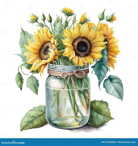 Sunflowers And Mason Jar Isolated Clipart Black And White Floral