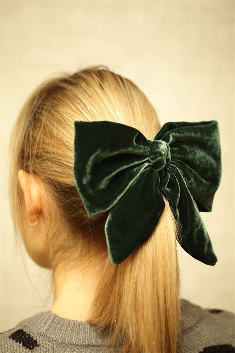 Dark Green Silk Velvet Hair Bow Large Hair Bow For Women Etsy
