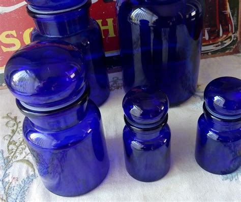 Set Of 5 Vintage Cobalt Blue Glass Spice Apothecary Jars Etsy