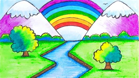 Draw Easy Rainbow Scenerydrawing Easy Scenery With Rainbow Youtube