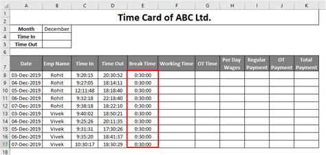 Timecard Template In Excel Recording Data Using Timecard Template