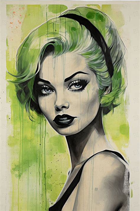 A Painting Of A Womans Face With Green Hair And Black Lipstick On It