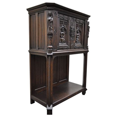 19th Century Belgian Carved Oak Dry Bar Cabinet Flemish Gothic Revival