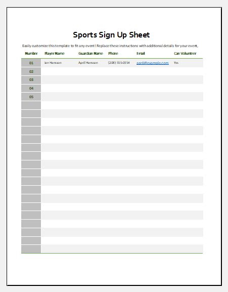 Sports Sign Up Sheet Template For Ms Excel Excel Templates