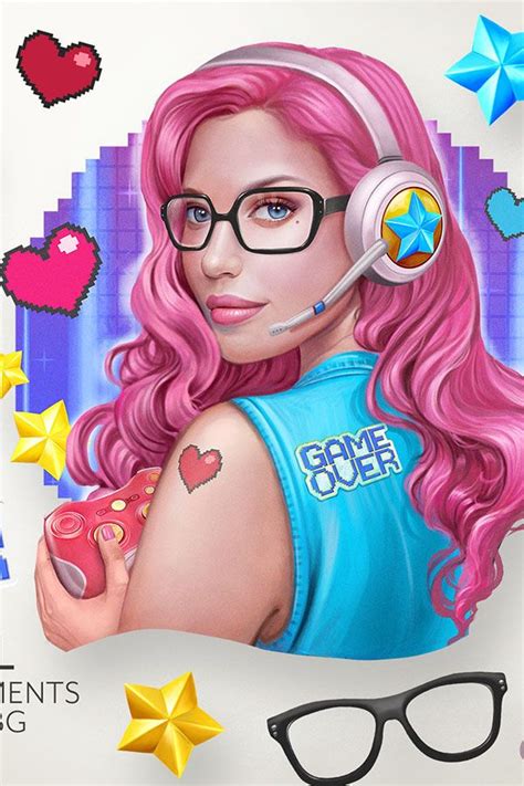 Gamer Girl Clipart Illustration Woman Portrait Pink Hair Gaming Console Junk Food Retro
